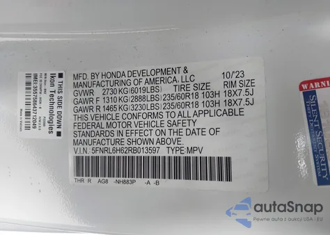 2024 Honda Odyssey Ex-L z USA, uszkodzony, nr VIN 5FNRL6H62RB013597